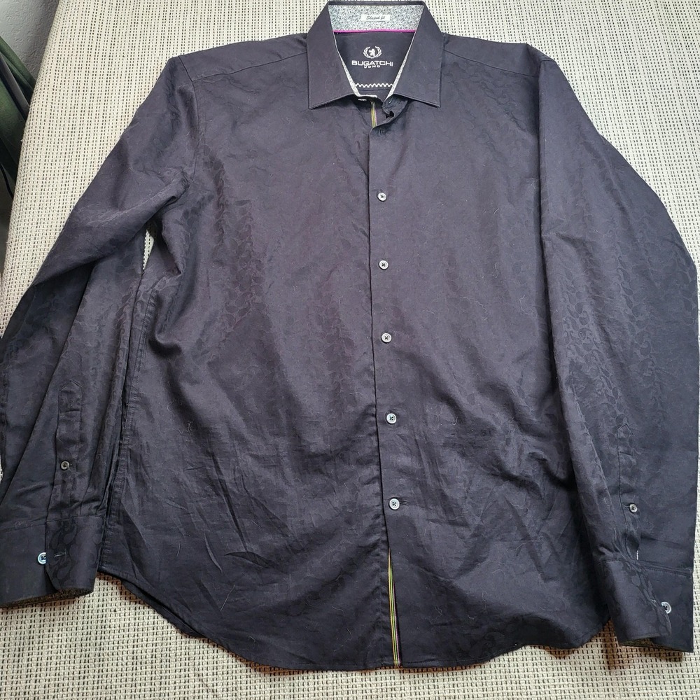 Bugatchi Uomo Shirt Mens XL Gray Geometric Shaped Fit Long Sleeve Dress